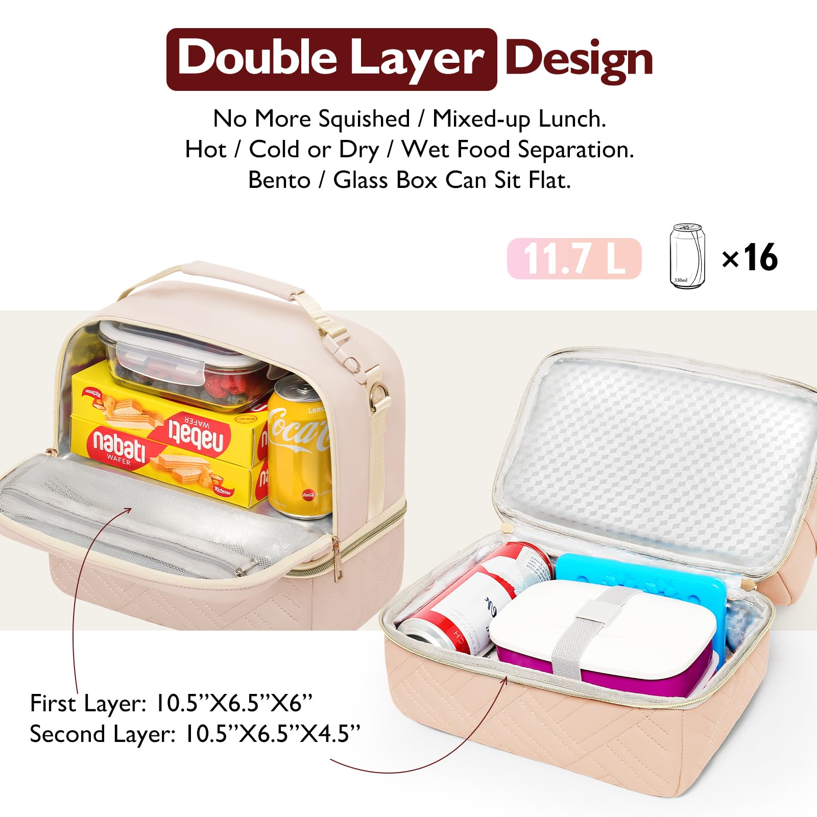 Double Deck Lunch Box Bag Women - Vegan Leather Insulated Waterproof Leakproof Cooler for Work Travel Picnics - Teacher Mothers Day Christmas Birthday Gifts