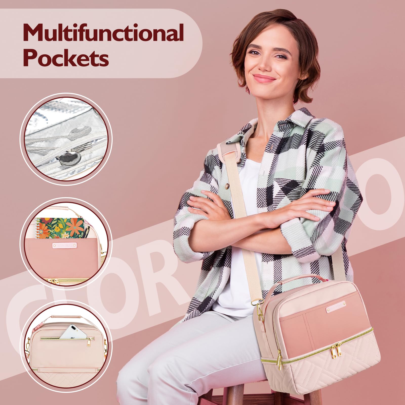 Double Deck Lunch Box Bag Women - Vegan Leather Insulated Waterproof Leakproof Cooler for Work Travel Picnics - Teacher Mothers Day Christmas Birthday Gifts