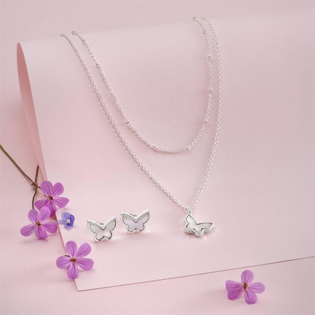 Silver Butterfly Necklace and Earrings Set, 2-Piece