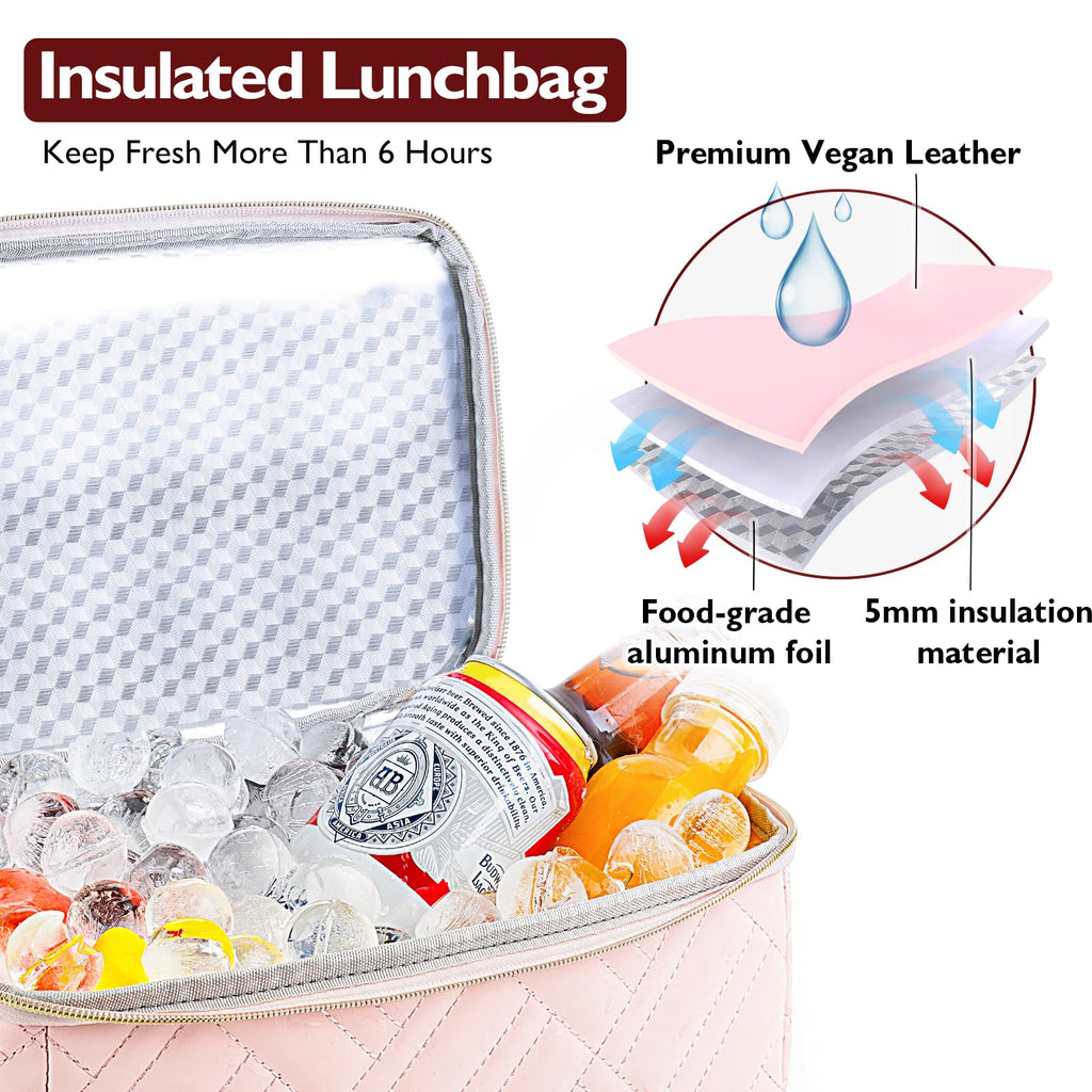 Double Deck Lunch Box Bag Women - Vegan Leather Insulated Waterproof Leakproof Cooler for Work Travel Picnics - Teacher Mothers Day Christmas Birthday Gifts