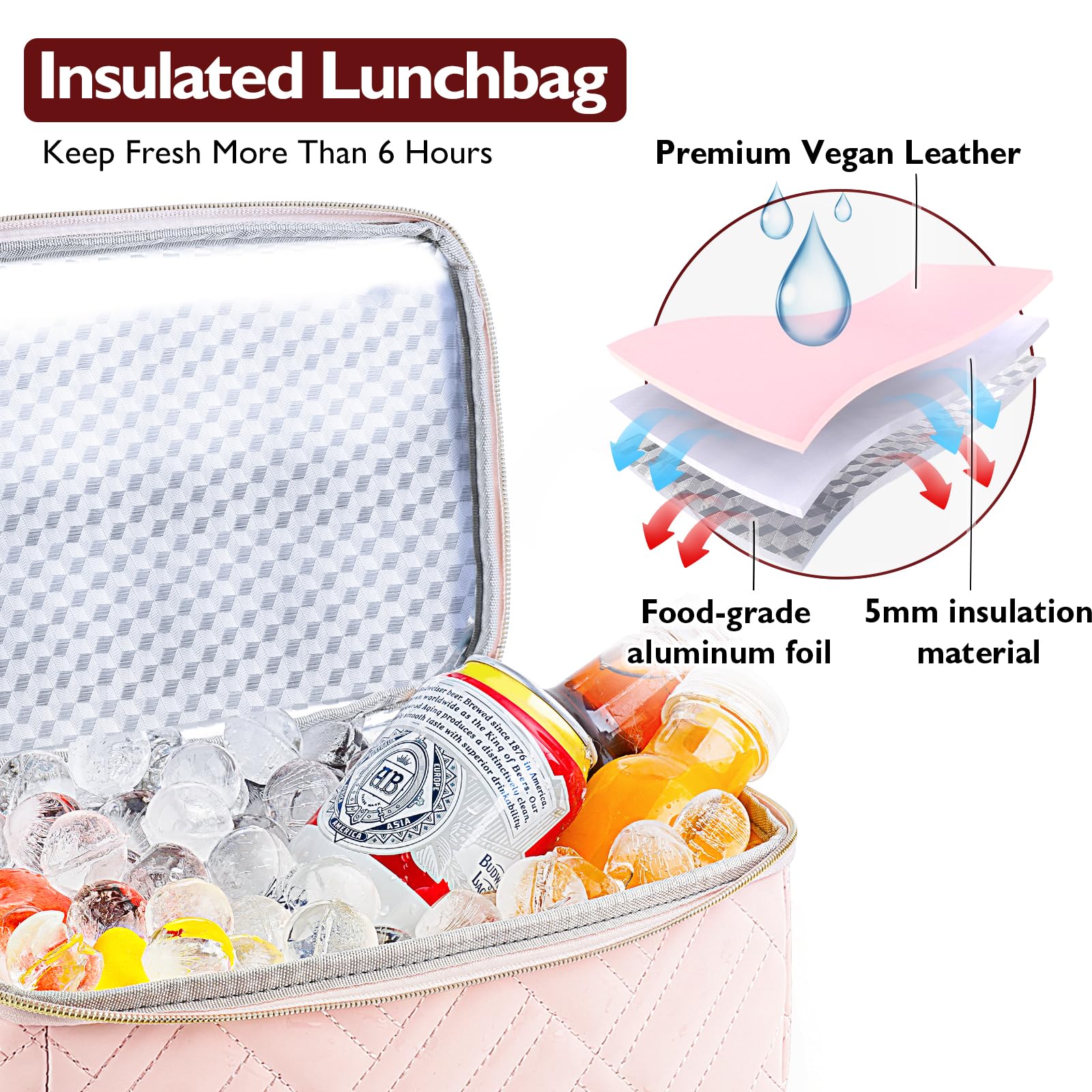 Double Deck Lunch Box Bag Women - Vegan Leather Insulated Waterproof Leakproof Cooler for Work Travel Picnics - Teacher Mothers Day Christmas Birthday Gifts