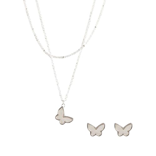 Silver Butterfly Necklace and Earrings Set, 2-Piece