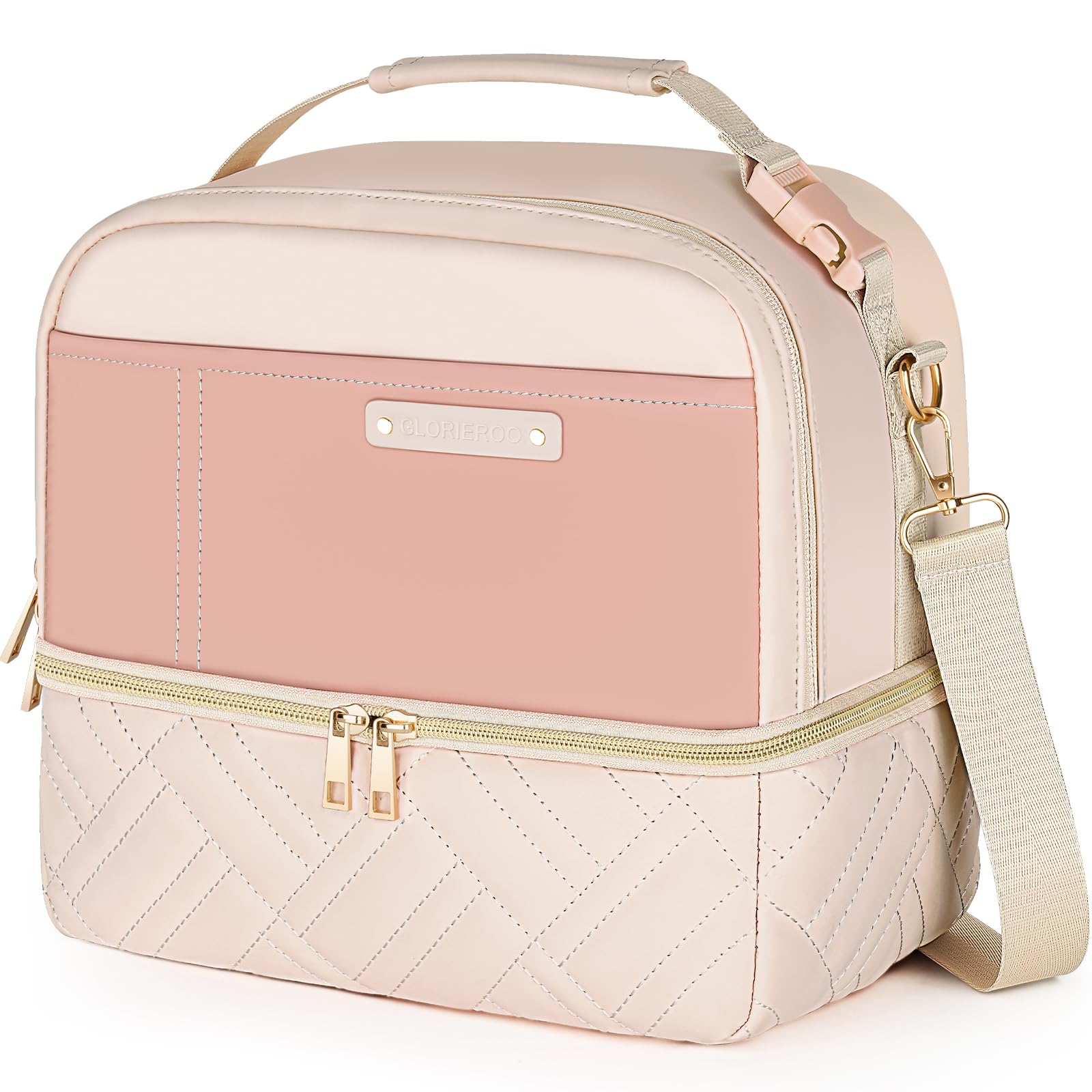 Double Deck Lunch Box Bag Women - Vegan Leather Insulated Waterproof Leakproof Cooler for Work Travel Picnics - Teacher Mothers Day Christmas Birthday Gifts