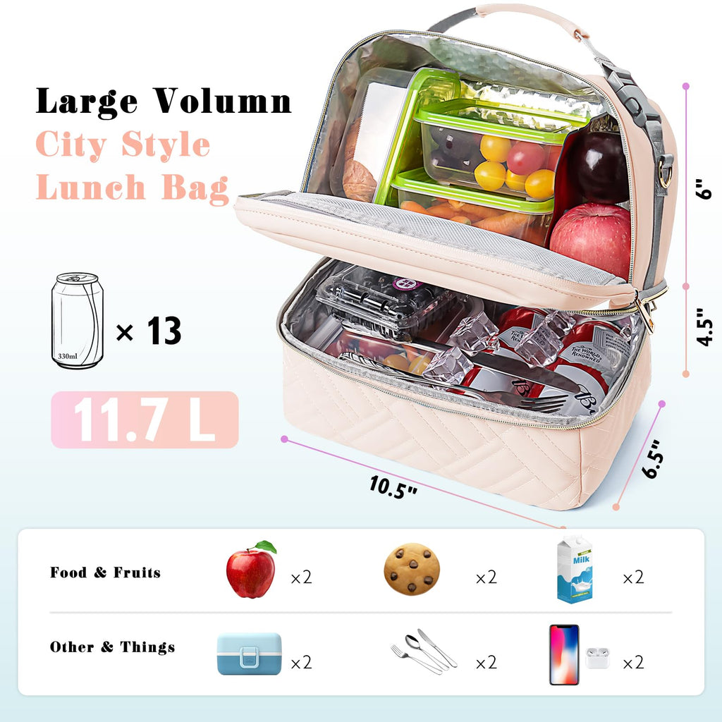 Double Deck Lunch Box Bag Women - Vegan Leather Insulated Waterproof Leakproof Cooler for Work Travel Picnics - Teacher Mothers Day Christmas Birthday Gifts